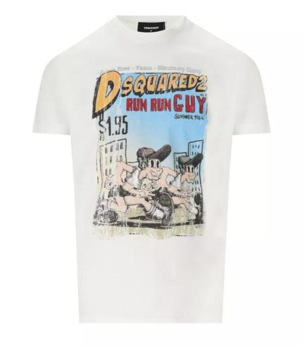 Dsquared2 T-Shirt aus weißer Baumwolle mit einem großen mehrfarbigen Print auf der Vorderseite. Normale Passform.Zusammensetzung: 100'%' Baumwolle.