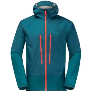 100% Original Jack Wolfskin !  Herstellerfarbe:  Blue Coral   Obermaterial:  68% Polyamid / 32% Polyester   Zustand:  Neu  und  Originalverpackt         Die Softshelljacke ALPSPITZE HOODY bietet ausreichend Schutz