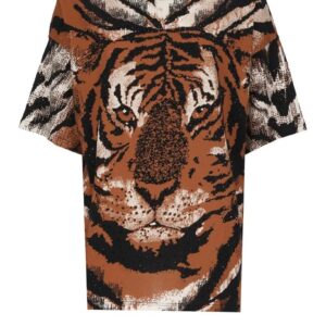 Mehrfarbiges Roberto Cavalli Baumwoll-T-Shirt für FrauenRunder HalsausschnittKurze ÄrmelKontrastfarbiger Tiger-Print auf der VorderseiteVorderes Ton-in-Ton-Logo