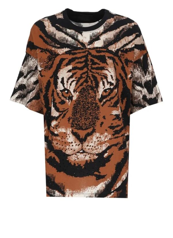 Mehrfarbiges Roberto Cavalli Baumwoll-T-Shirt für FrauenRunder HalsausschnittKurze ÄrmelKontrastfarbiger Tiger-Print auf der VorderseiteVorderes Ton-in-Ton-Logo