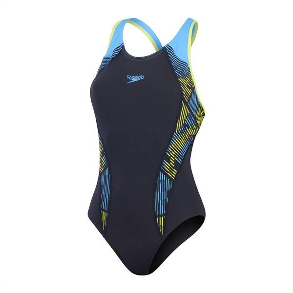 Stylische Bademode mit Performance-Effekt. Unser figurschmeichelnder marineblauer Laneback Badeanzug mit kontrastierenden Trägern und abstraktem Grafik-Print in Gelb und Blau ist perfekt fürs Training. Der Laneback-Schnitt bietet Flexibilität und Bewegungsfreiheit für besten Tragekomfort beim Schwimmen. Der Badeanzug wurde neu aufgelegt