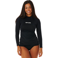 **Klassischer Rashguard für Damen in schwarz.** Mit Sonnenschutz UPF 50+UV und aufgedrucktem Logo.