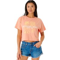 **Das Always Summer Crop Tee ist ein supercooles T-Shirt aus Bio-Baumwolle in einer hellen Korallenfarbe mit tropischen Motiven und einem lustigen Print vorne.** Der kurze Crop Fit ist perfekt für den Sommer.