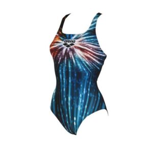 arena Badeanzug für Damen Glory aus langlebigen langlebige MaxLife-MaterialDer Glory One-piece Badeanzug trägt auf der Vorderseite ein Feuerwerksmuster - ein festliches Design mit hydrodynamischer Performance. Die Platzierung des Prints schmeichelt visuell jeder Figur