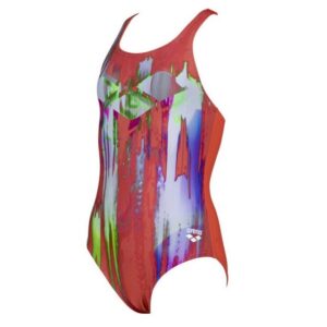 arena Badeanzug Mädchen Colour Bleeding MaxFit chlorbeständigDieser Mädchenschwimmanzug ist ein athletischer Style mit kaleidoskopischem Print und unserem Drei-Diamant-Symbol. Der Anzug ist fürs Freizeitschwimmen gemacht