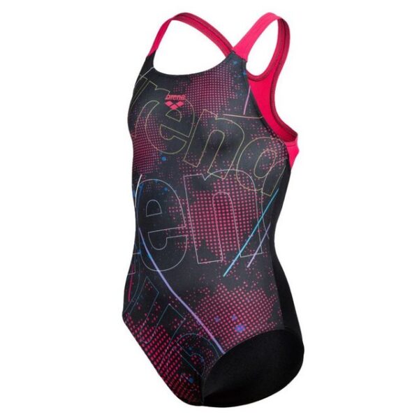 arena Badeanzug Mädchen Swim-Pro-Back schnelltrocknendDieser Anzug ist aus einem einzigartig innovativen und robusten Stoff hergestellt und überlebt häufiges Schwimmen unbeschadet. Die bunten kontrastierenden Träger präsentieren die schillernde Vorderseite mit einer kosmischen Grafik. In diesem eindrucksvollen Einteiler wird sie garantiert Wellen schlagen.MaxLife Eco ist ein innovativer Bademodenstoff