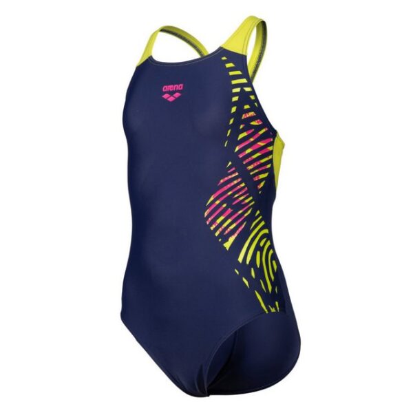 arena Badeanzug Mädchen Swim V Back Placement Einteiler chlorresistent und schnelltrocknendEin cooles grafisches Muster