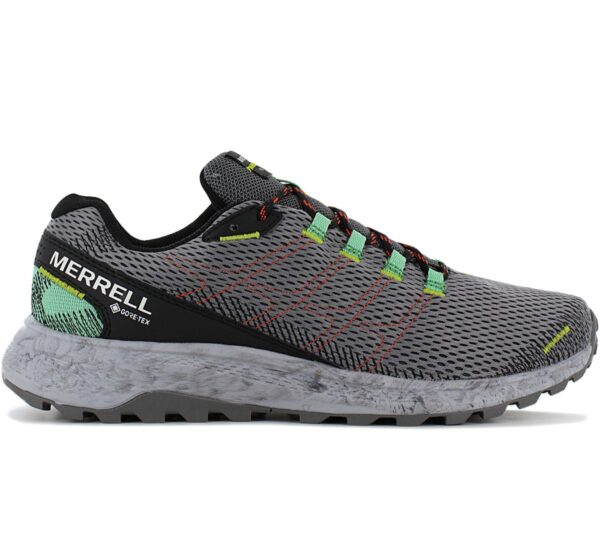 100% Original Merrell !  Herstellerfarbe:  Black / Charcoal   Obermaterial:  Mesh / Synthetik   Zustand:  Neu  und  Originalverpackt          Dieser leichte und leistungsstarke Trailrunning-Laufschuh mit wasserdichtem GORE-TEX® Obermaterial ist für schnelle Läufe auf befestigten und unbefestigten Wegen konzipiert.     Durch das atmungsaktive und wasserdichte Obermaterial eignen sich die Fly Strike GTX von Merrell ideal als Multisportschuhe für den Bergsport. Die GORE-TEX Membran ist atmungsaktiv und wasserdicht.      Im Bereich der Außensohle kommt die hauseigene Sticky-Rubber Gummimischung von Merrell zum Einsatz. Die 3 Millimeter langen Stollen bieten Dir bei jedem Wetter optimalen Halt im Gelände sowie auf den Wanderwegen.        Leichte Multisportschuhe zum Wandern