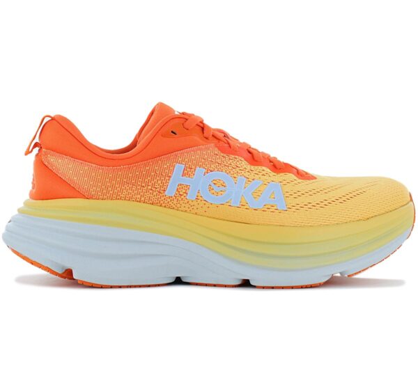 100% Original HOKA !  Herstellerfarbe:  Puffin s Bill / Amber Yellow   Obermaterial:  Mesh - Synthetik   Zustand:  Neu  und  Originalverpackt         Der HOKA Bondi 8 für Männer ist ein neutraler Laufschuh und wird von vielen als der beste gedämpfte Laufschuh aller Zeiten angesehen. Er ist das Flaggschiff unter den neutralen Laufschuhen von HOKA und steht seit Jahren für maximalen Komfort in Bezug auf Dämpfung und Passform. Auch die achte Version reiht sich mit ihren Updates dort nahtlos ein. Der Laufschuh eignet sich für jede Distanz und macht auch einen Marathon.      Obermaterial aus atmungsaktivem Mesh.   Meta-Rocker-Technologie für den Schaukelstuhl -Effekt.  Interne Fersenkappe.  Early Meta-Rocker.  Durabrasion-Gummi-Außensohle.  Verlängerte Zugschlaufe.  Ortholite® Hybrid Einlegesohle (recycelt).  Schuhbreite: Normal.