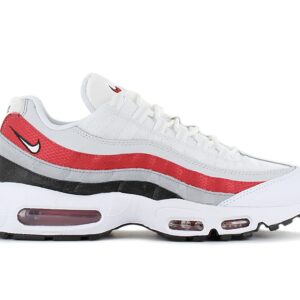 100% Original Nike !  Herstellerfarbe:  Black / White - Varsity Red - Particle Gray - White   Obermaterial:  Leder - Textil   Zustand:  Neu  und  Originalverpackt         Dieser sehr bequeme Nike Air Max 95 Essential Herren Sneaker überzeugt durch sein tolles strapazierfähiges Obermaterial und mit seiner super Passform. Das Air Max Element in der Ferse und im Vorfuß sorgt für eine angenehme Schrittdämpfung.      Nike Air Max Einheit im Vorfussbereich und an der Ferse.  Zunge weich gepolstert.  Robustes Schlaufenschnürsystem.  Vollgummi-Außensohle mit Waffelprofil.  Nike Swoosh Logo auf der Zunge.  Innenschuh besteht aus Textil und sorgt so für Atmungsaktivität.  Verstärkte Ferse.  Gepolsterter Knöchelbereich.  Herausnehmbare Einlegesohle.