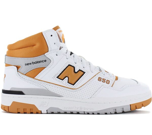 100% Original New Balance !  Herstellerfarbe:  White / Canyon    Obermaterial:  Leder   Zustand:  Neu  und  Originalverpackt         Mit der neuen 650er-Silhouette präsentiert New Balance ein High-Top Pendant zum extrem beliebten 550. Während das Sportschuh-Design der 1980er auf funktionale Unterstützung und Statement-Proportionen ausgerichtet war