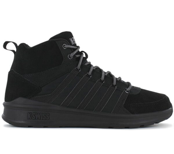 100% Original K-Swiss !  Herstellerfarbe:  Black / Black / Black   Obermaterial:  Leder - Textil   Zustand:  Neu  und  Originalverpackt         Der Vista Trainer ist ein moderner und vielseitiger Sneaker mit Stil. Diese Mid-Top-Version wurde für die Winter-Saison neu interpretiert. Die Gummi-Cupsohle ist strapazierfähig und wetterbeständig