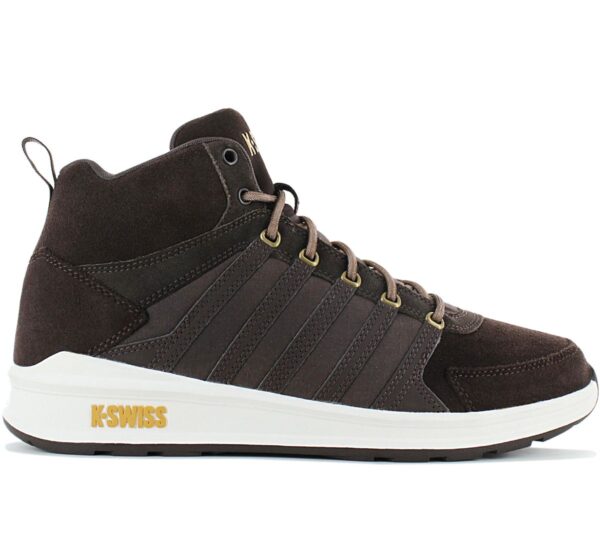 100% Original K-Swiss !  Herstellerfarbe:  Java / Amber Gold   Obermaterial:  Leder   Zustand:  Neu  und  Originalverpackt         Der Vista Trainer ist ein moderner und vielseitiger Sneaker mit Stil. Diese Mid-Top-Version hat einen für die Wintersaison passenden Look bekommen