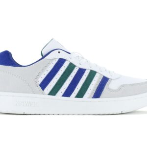 100% Original K-Swiss !  Herstellerfarbe:  WHITE / ANTIQUE GREEN / BLUE QUARTZ   Obermaterial:  Leder   Zustand:  Neu  und  Originalverpackt         Ein mehrlagiges Obermaterial aus Leder mit Mikroperforation unterstreicht die Silhouette dieses Modells