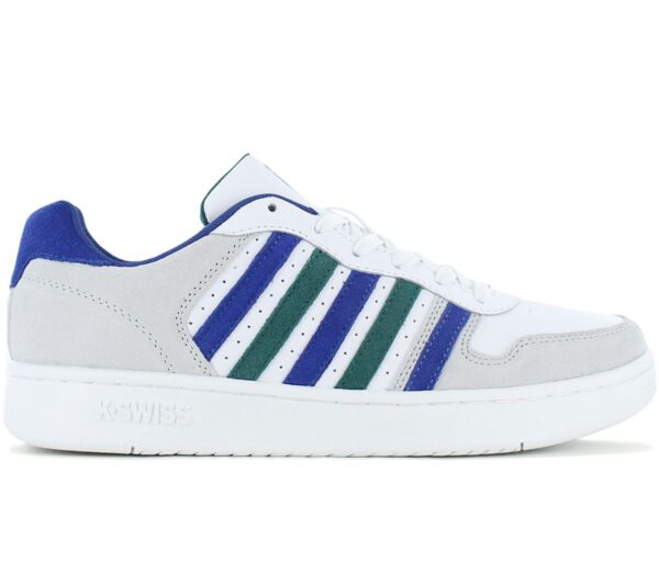 100% Original K-Swiss !  Herstellerfarbe:  WHITE / ANTIQUE GREEN / BLUE QUARTZ   Obermaterial:  Leder   Zustand:  Neu  und  Originalverpackt         Ein mehrlagiges Obermaterial aus Leder mit Mikroperforation unterstreicht die Silhouette dieses Modells