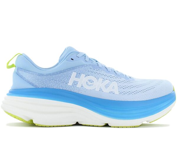 100% Original HOKA !  Herstellerfarbe:  Airy Blue / Diva Blue    Obermaterial:  Mesh - Synthetik   Zustand:  Neu  und  Originalverpackt         Der HOKA Bondi 8 für Männer ist ein neutraler Laufschuh und wird von vielen als der beste gedämpfte Laufschuh aller Zeiten angesehen. Er ist das Flaggschiff unter den neutralen Laufschuhen von HOKA und steht seit Jahren für maximalen Komfort in Bezug auf Dämpfung und Passform. Auch die achte Version reiht sich mit ihren Updates dort nahtlos ein. Der Laufschuh eignet sich für jede Distanz und macht auch einen Marathon.      Obermaterial aus atmungsaktivem Mesh.   Meta-Rocker-Technologie für den Schaukelstuhl -Effekt.   Interne Fersenkappe.  Early Meta-Rocker.  Durabrasion-Gummi-Außensohle.  Verlängerte Zugschlaufe.  Ortholite® Hybrid-Einlegesohle (recycelt).  Schuhbreite: Normal.