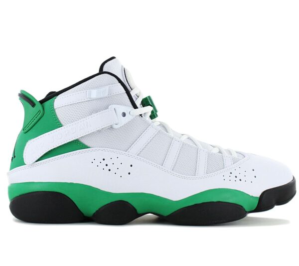 100% Original Jordan !  Herstellerfarbe:  White / Lucky Green / Black   Obermaterial:  Leder / Textil   Zustand:  Neu  und  Originalverpackt         Der Jordan 6 Rings Herren Basketballschuh bietet hohen Tragekomfort und ist von jeher schon bei Spielern und Sneaker-Fans beliebt. Eine Zoom-Air Dämpfung mit geringem Gewicht und niedrigem Profil sorgt für ein reaktionsfreudiges Tragegefühl.       Hoher Tragekomfort.  Jumpman-Logo.  Schnürung für individuellen Style und optimalen Sitz.  Komfortable Polsterung am Bund und Zunge.  Robuste Gummisohle für lange Lebensdauer und beste Traktion.  Einschlupfhilfe an der Ferse.  Zoom Air-Elemente in Ferse und Vorfuß sorgen für leichte