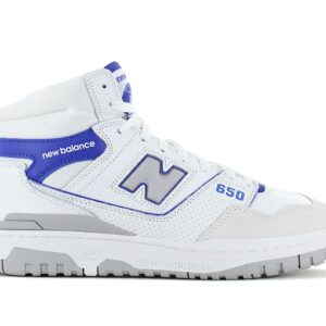 100% Original New Balance !  Herstellerfarbe:  White / Marine Blue   Obermaterial:  Leder   Zustand:  Neu  und  Originalverpackt         Mit der neuen 650er-Silhouette präsentiert New Balance ein High-Top Pendant zum extrem beliebten 550. Während das Sportschuh-Design der 1980er auf funktionale Unterstützung und Statement-Proportionen ausgerichtet war