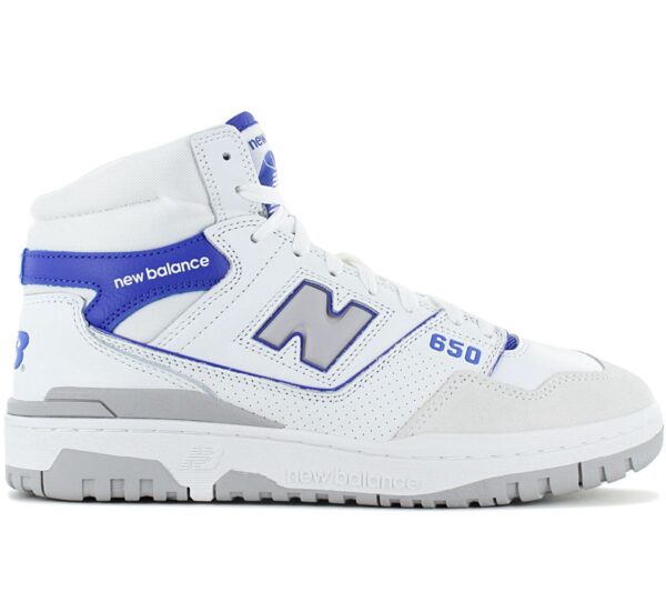 100% Original New Balance !  Herstellerfarbe:  White / Marine Blue   Obermaterial:  Leder   Zustand:  Neu  und  Originalverpackt         Mit der neuen 650er-Silhouette präsentiert New Balance ein High-Top Pendant zum extrem beliebten 550. Während das Sportschuh-Design der 1980er auf funktionale Unterstützung und Statement-Proportionen ausgerichtet war