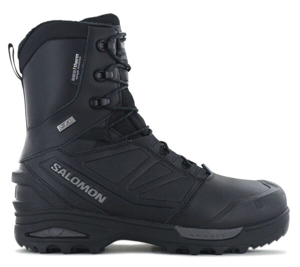 100% Original Salomon !  Herstellerfarbe:  Black / Black / Maget   Obermaterial:  Leder / Textil / Synthetik   Zustand:  Neu  und  Originalverpackt         SALOMON TOUNDRA PRO CSWP PREMIUM WINTER STIEFEL:      Maximale Wärme:  NASA-Technologie für überirdische Temperaturen. Aerotherm-Aerogel macht den Toundra zu Salomons wärmstem Schuh. Für Temperaturen bis ?40°.      Maximaler Wetterschutz: Die durchgehende Bootie-Konstruktion auf Basis von ClimaSalomon Waterproof vermeidet