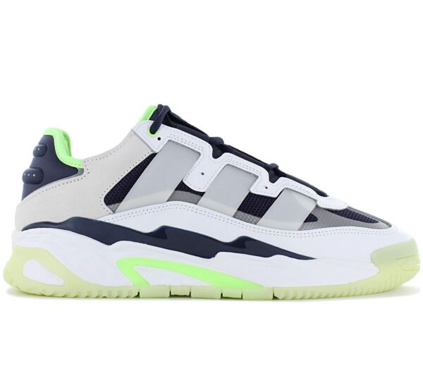 100% Original Adidas !  Herstellerfarbe:  Cloud White / Shadow Navy / Signal Green   Obermaterial:  Leder / Textil   Zustand:  Neu  und  Originalverpackt         Dieser adidas Niteball Schuh ist ultrastylish und sichert dir bewundernde Blicke. Die edgy Silhouette versprüht modernen B-Ball-Vibe und die reflektierenden Details und extragroßen 3-Streifen sind echte Eyecatcher. Die Lightstrike Zwischensohle bietet außerdem eine leichtgewichtige Dämpfung und lang anhaltenden Tragekomfort.       Obermaterial aus Leder und Textil.  Lightstrike Dämpfung.  Leichtes Tragegefühl und optimaler Halt.  Laufsohle aus Gummi.  Schnürsenkel.  Innenfutter Textil.