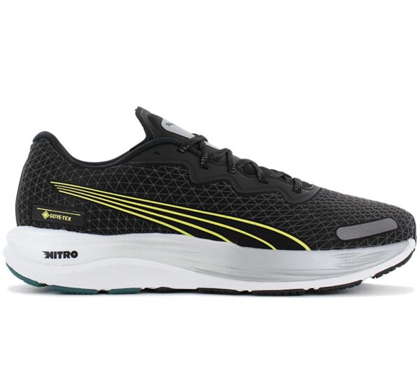 100% Original Puma !  Herstellerfarbe:  PUMA Black / Malachite-Yellow Burst   Obermaterial:  Mesh / Synthetik   Zustand:  Neu  und  Originalverpackt         Der Velocity NITRO 2 GORE-TEX ist ein neutraler All-in-One-Laufschuh für jede Distanz und jedes Wetter und ein federleichtes und elegantes Update des Run PUMA Kaders.      Mit einem wasserfesten Obermaterial aus GORE-TEX und NITRO Schaumstoff für außergewöhnliche Reaktionsfähigkeit und ultimative Dämpfung ist dieses Upgrade des Originals ein gut sitzender und strapazierfähiger Schuh für ein angenehmes Laufgefühl.      PUMAGRIP sorgt vom Laufband bis zur Laufbahn für Haftung auf unterschiedlichen Oberflächen.       Obermaterial aus Funktions-Mesh.  Wasserfeste GORE-TEX Membran.   PUMAGRIP: Strapazierfähige Hochleistungs-Gummimischung für Traktion auf allen Oberflächen.  NITRO: Hochentwickelter stickstoffinjizierter Schaum für hervorragende Reaktionsfähigkeit und Dämpfung.   Obermaterial aus Funktions-Mesh.  Geeignet für: neutrale Pronation. Reflektierende Designelemente.  Sprengung: 8 mm.