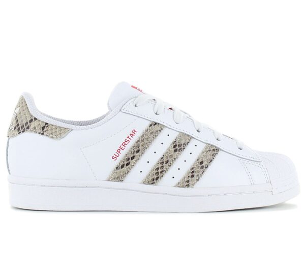 100% Original Adidas !  Herstellerfarbe:  Cloud White / Wonder White / Better Scarlet   Obermaterial:  Leder   Zustand:  Neu  und  Originalverpackt         Mit dem adidas Superstar White Snakeskin  gehst du im ikonischem Stil auf die Straße. Dieser Damen-Sneaker verfügt über ein Obermaterial aus hochwertigem