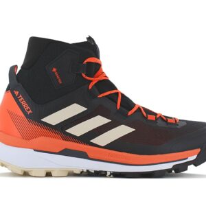 100% Original Adidas !  Herstellerfarbe:  Core Black / Sand Strata / Impact Orange   Obermaterial:  Mesh - Synthetik   Zustand:  Neu  und  Originalverpackt         Mit diesem adidas Terrex Skychaser Wanderschuh bist du auf dem Trail und abseits davon schnell unterwegs ? perfekt für Speed Hiking und felsige Gipfeltouren. Der vom Trailrunning inspirierte Schuh punktet mit seiner ultraleichten Lightstrike Dämpfung für ein reaktionsfreudiges Tragegefühl und mehr Agilität. Die GORE-TEX Membran hält Nässe ab und ist gleichzeitig atmungsaktiv. So profitierst du von einem optimalen Temperaturmanagement.      Die verstärkte Zwischensohle garantiert zudem mehr Stabilität auf felsigem Untergrund