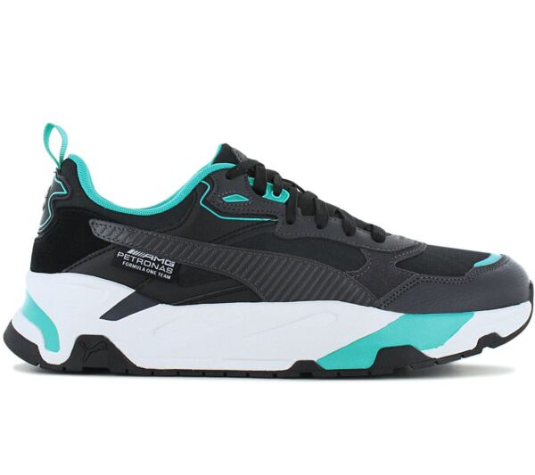 100% Original Puma !  Herstellerfarbe:  Puma Black / Flat Dark Grey   Obermaterial:  Mesh - Synthetik - Leder   Zustand:  Neu  und  Originalverpackt         Die Mercedes-AMG PETRONAS Trinity-Sneaker kombinieren die Mercedes-Farben und das Erbe der Marke mit einer retro-futuristischen Silhouette