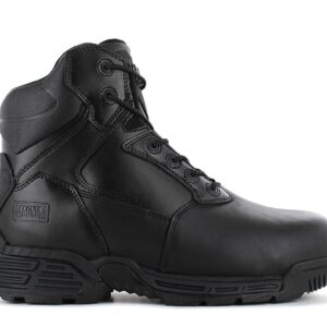 100% Original Magnum !  Herstellerfarbe:  Black   Obermaterial:  Leder   Zustand:  Neu  und  Originalverpackt        Die Stealth Force 6.0 Leather sind 6-Zoll Uniform-Sicherheitsstiefel für Männer.      Diese Sicherheitsstiefel verfügen über ein strapazierfähiges Lederobermaterial und Scanner-sichere nichtmetallische Verbundteile.      Die leichte Verbundstoff-Zehenkappe und Durchtrittschutzplatte schützt die Füße vor herabfallenden Gegenständen und Durchstichen unter den Füßen und ist gleichzeitig viel leichter als Zehenkappen und Platten aus Stahl.      Die M2-PACT-Innensohle mit Ortholite-Impressions aus langsam regenerierendem Schaum und Lava XL-Geruchskontrollschichten machen diese Sicherheitsstiefel außergewöhnlich bequem.      Die rutschfeste X-Traction-Gummilaufsohle von SRC bietet Griffigkeit und Strapazierfähigkeit.     Diese Sicherheitsstiefel  sind die ideale Wahl für Industriearbeiter