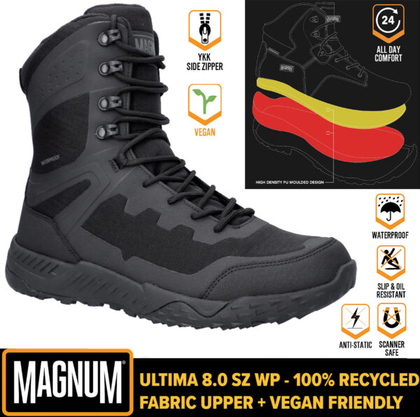 sondern sind dank der bequemen PU-Einlegesohle auch bei Outdoortouren eine gute Wahl.      Dank des YKK-Sidezipper lässt sich der Stiefel zudem schnell und einfach An- und Ausziehen. Das antibakterielle Hi-Poly-PU-Fußbett sorgt für mehr Komfort und Ermüdungarmes Gehen.      Die wärmeverschweißte PU-Oberkonstruktion