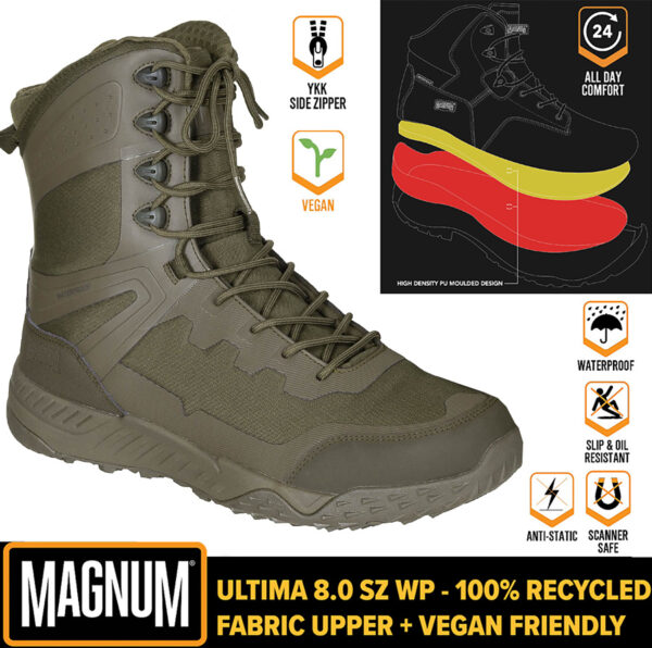 sondern sind dank der bequemen PU-Einlegesohle auch bei Outdoortouren eine gute Wahl.     Dank des YKK-Sidezipper lässt sich der Stiefel zudem schnell und einfach An- und Ausziehen. Das antibakterielle Hi-Poly-PU-Fußbett sorgt für mehr Komfort und Ermüdungarmes Gehen.     Die wärmeverschweißte PU-Oberkonstruktion